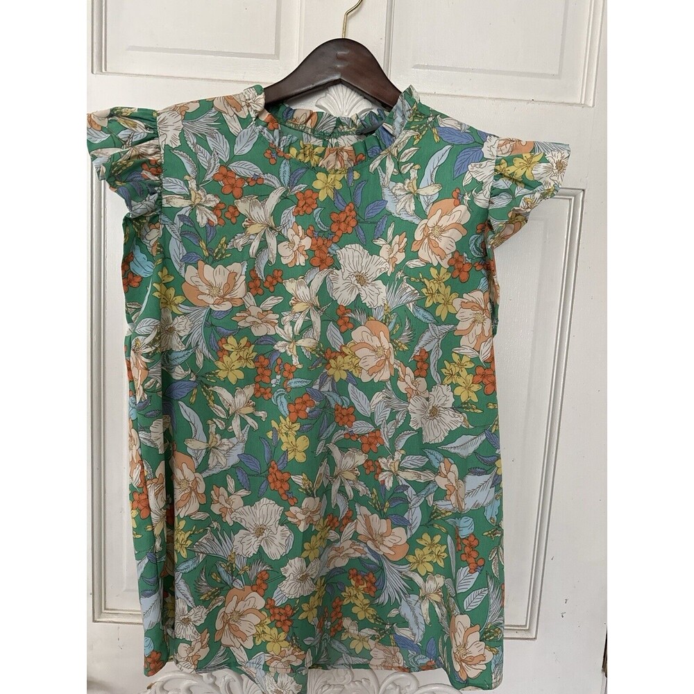 Hudson Gray Women’s Floral Blouse XL | Green Ruffle Sleeve Top | Made in USA